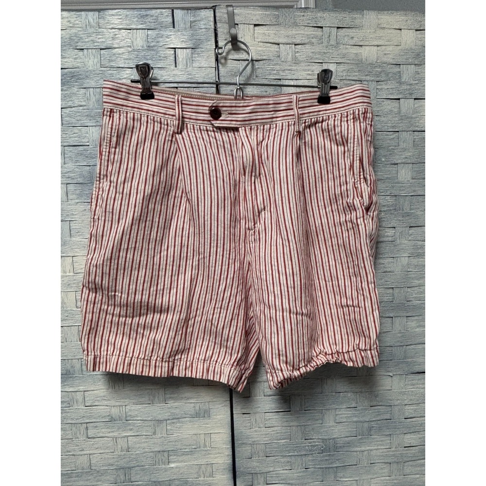 Banana Republic Mens 32 Shorts Red White Striped Linen Cotton 7" Inseam Nautical